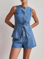 Button Down Vest and Shorts Denim Set - Women / Jeans & Denim by Trendsi | Available at Handbags Specialist Headquarter