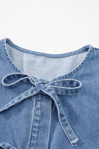 Tied Front Puff Sleeve Peplum Denim Shirt - Women / Jeans & Denim by Trendsi | Available at Handbags Specialist Headquarter