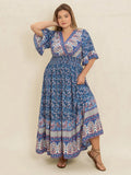 Plus Size Printed Surplice Half Sleeve Dress - Dresses by Trendsi | Available at Handbags Specialist Headquarter