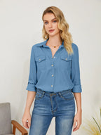 Pocketed Button Up Long Sleeve Denim Shirt - Women / Jeans & Denim by Trendsi | Available at Handbags Specialist Headquarter