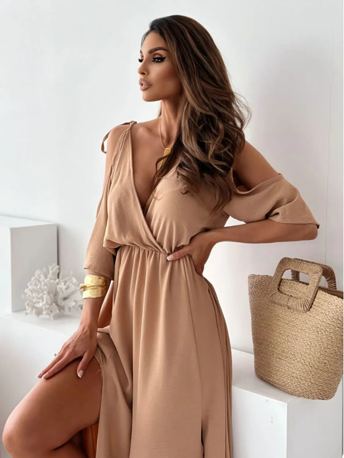 Tied Shoulder Slit Maxi Dress - Maxi Dress by Trendsi | Available at Handbags Specialist Headquarter