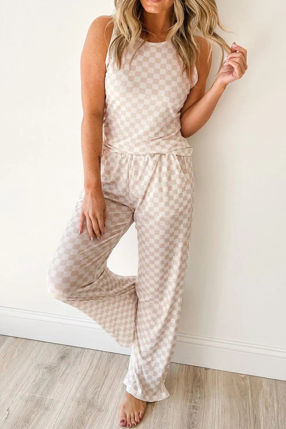 Ribbed Texture Checkered Print Tank and Pants Set - Sleepwear by Trendsi | Available at Handbags Specialist Headquarter