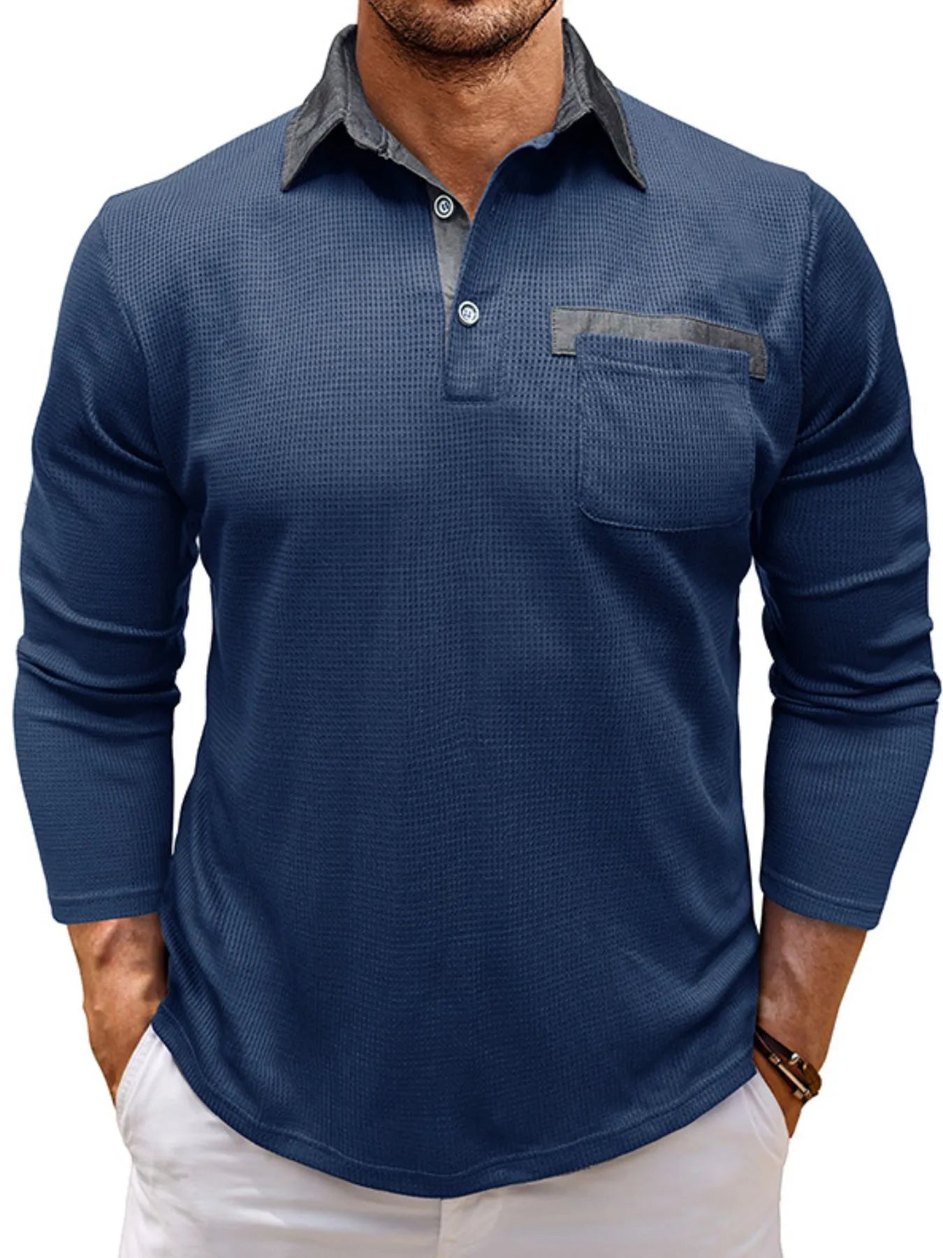 Men's Contrast Collar Long Sleeve Casual Polo Shirt - Men's Polo shirt by Trendsi | Available at Handbags Specialist Headquarter