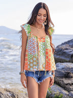 Lace Detail Printed Tie Neck Cap Sleeve Blouse - Tops by Trendsi | Available at Handbags Specialist Headquarter