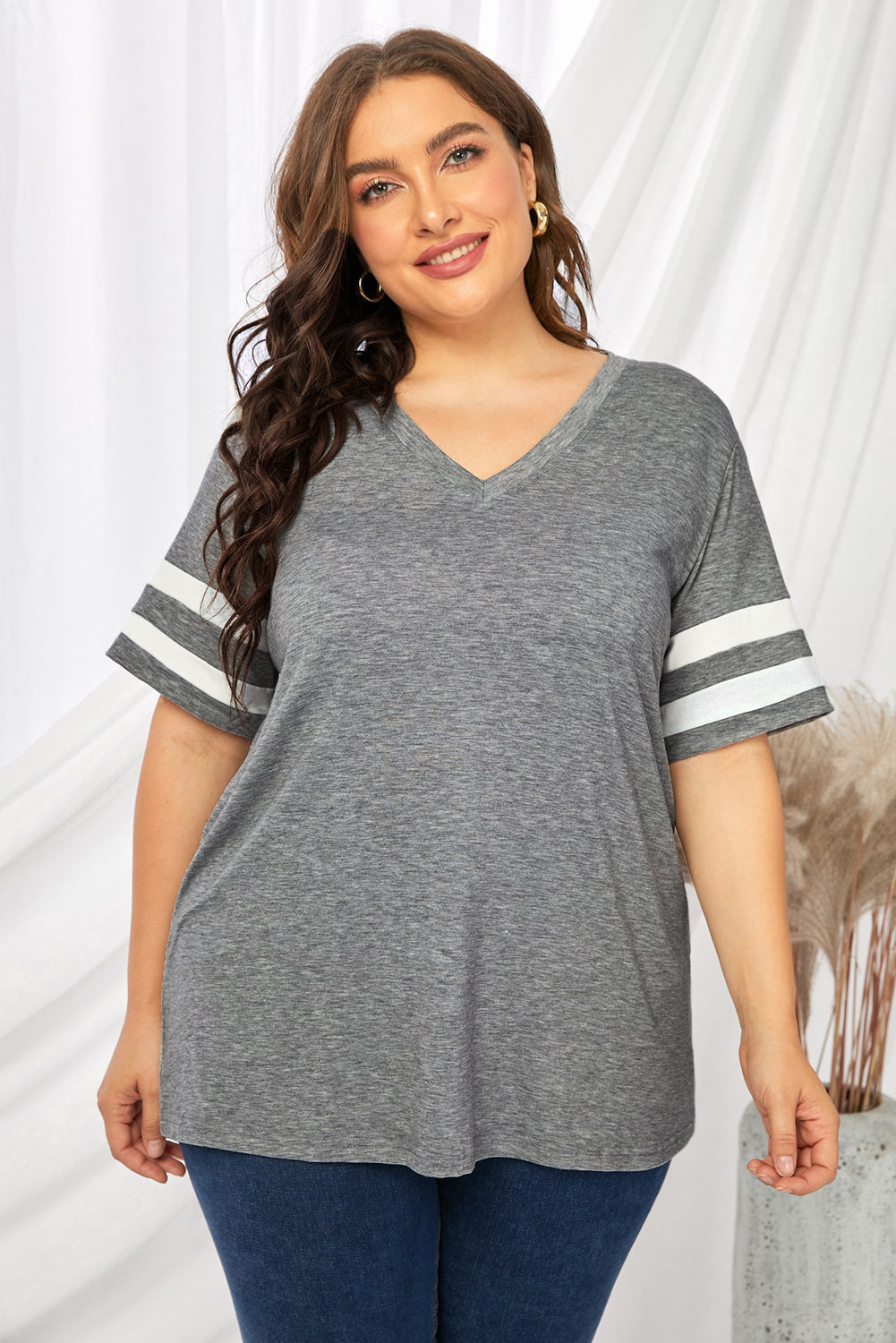Plus Size Striped V-Neck Tee Shirt - Plus Size Shirts by Trendsi | Available at Handbags Specialist Headquarter