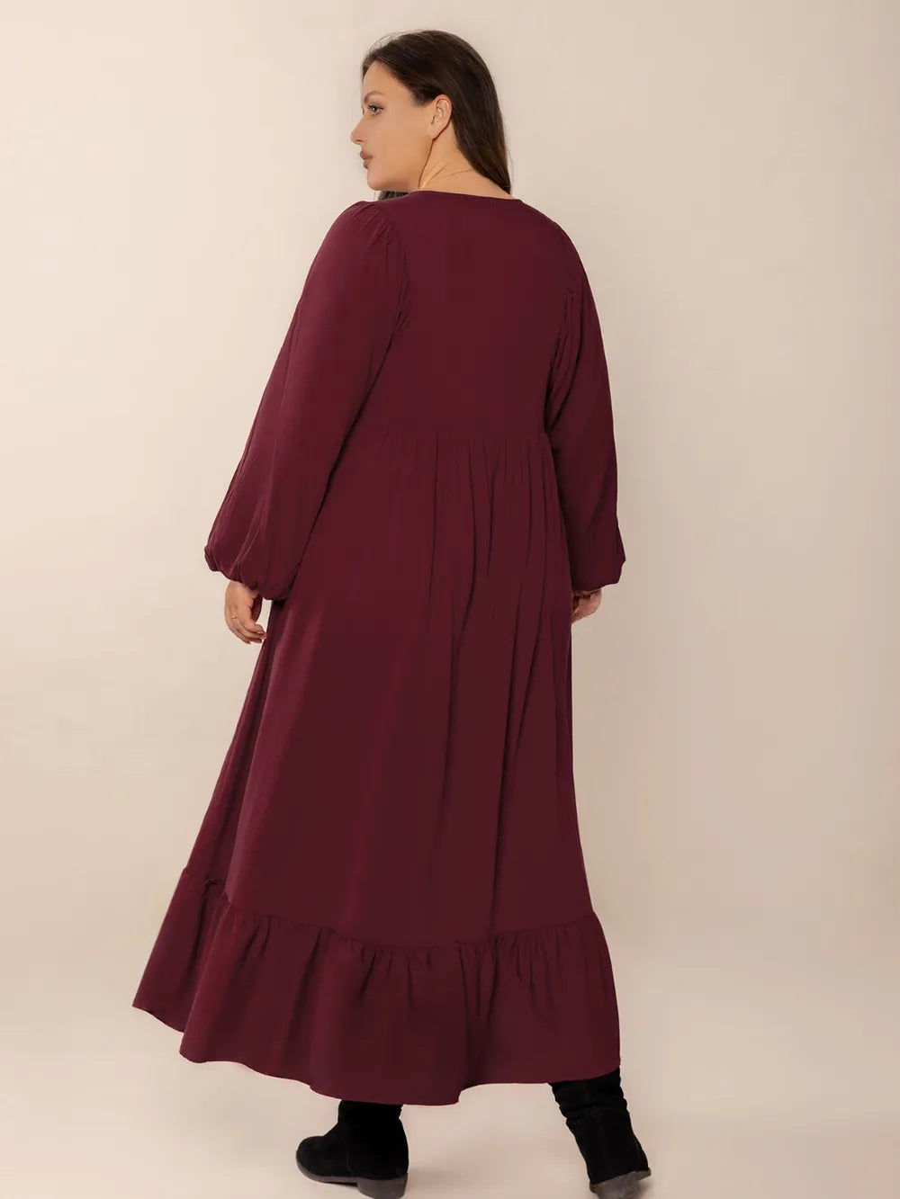 Plus Size Ruffled Hem V-Neck Balloon Sleeve Dress - Dresses by Trendsi | Available at Handbags Specialist Headquarter