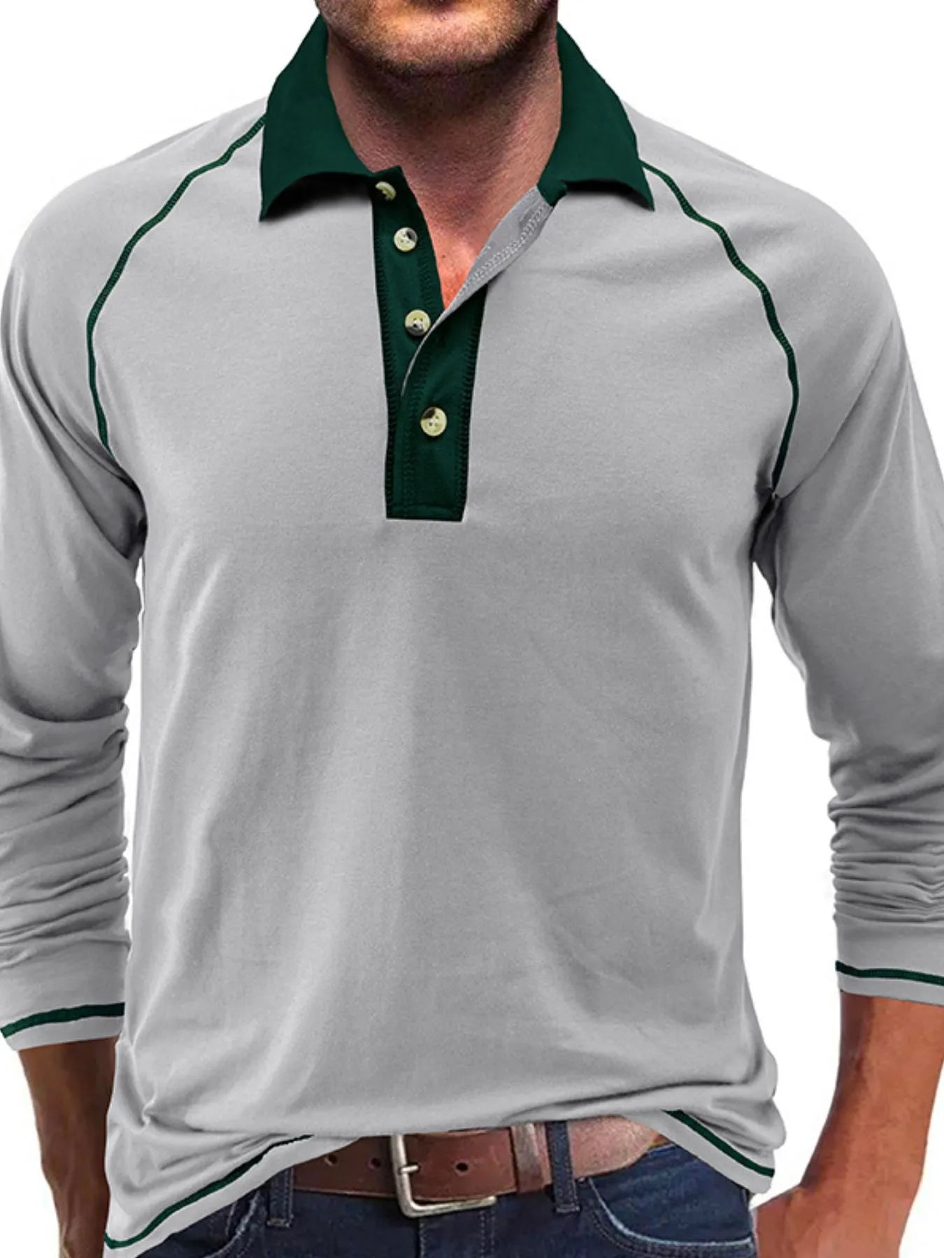 Men's Contrast Collar Long Sleeve Polo Shirt - Men's Polo shirt by Trendsi | Available at Handbags Specialist Headquarter
