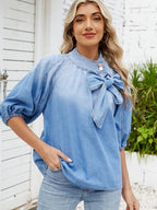 Denim Bow Tie Puff Sleeve Top - Tops by Trendsi | Available at Handbags Specialist Headquarter