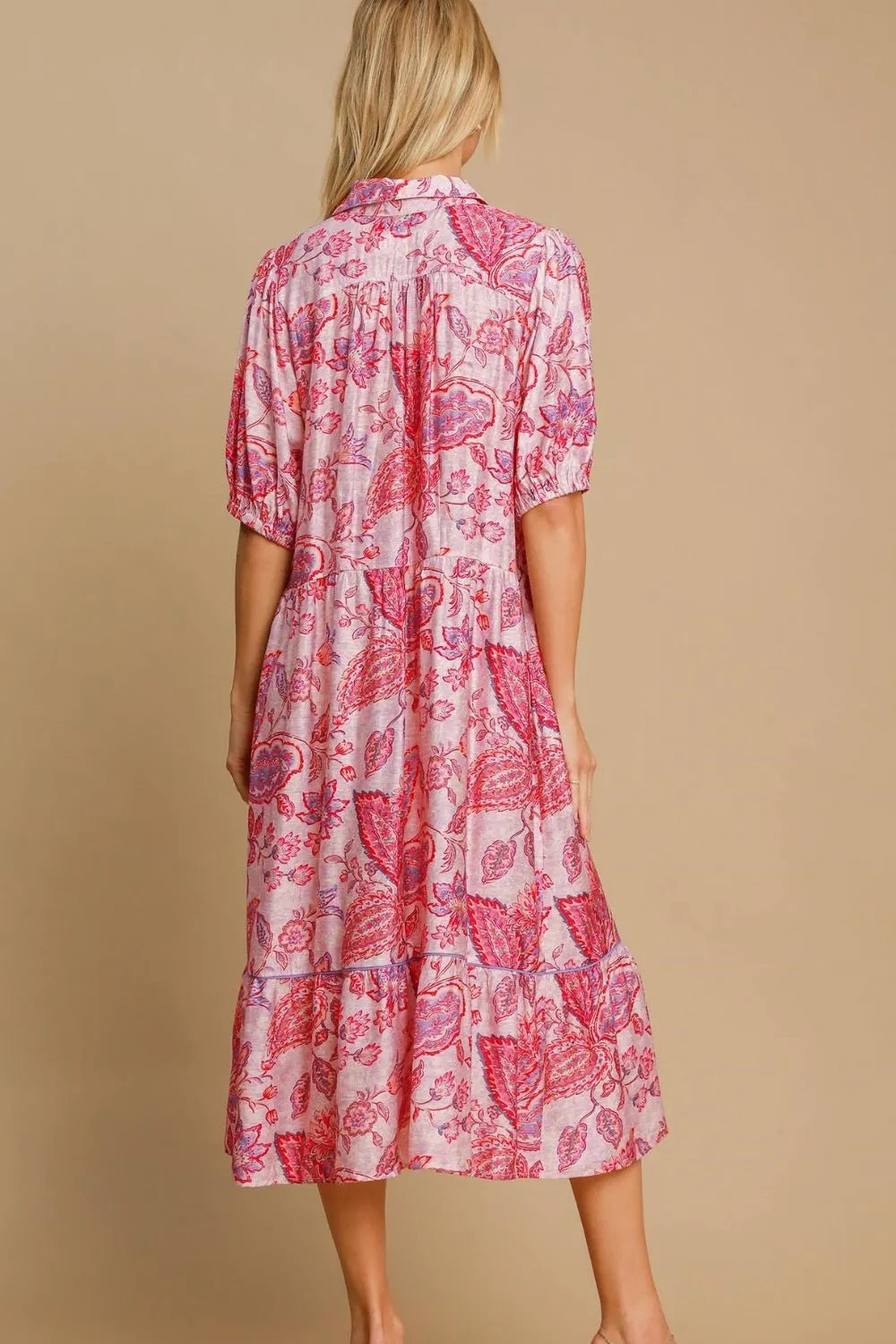 Umgee Full Size Ruffled Hem Floral Paisley Print Half Sleeve Midi Dress Plus Size - Dresses by Trendsi | Available at Handbags Specialist Headquarter