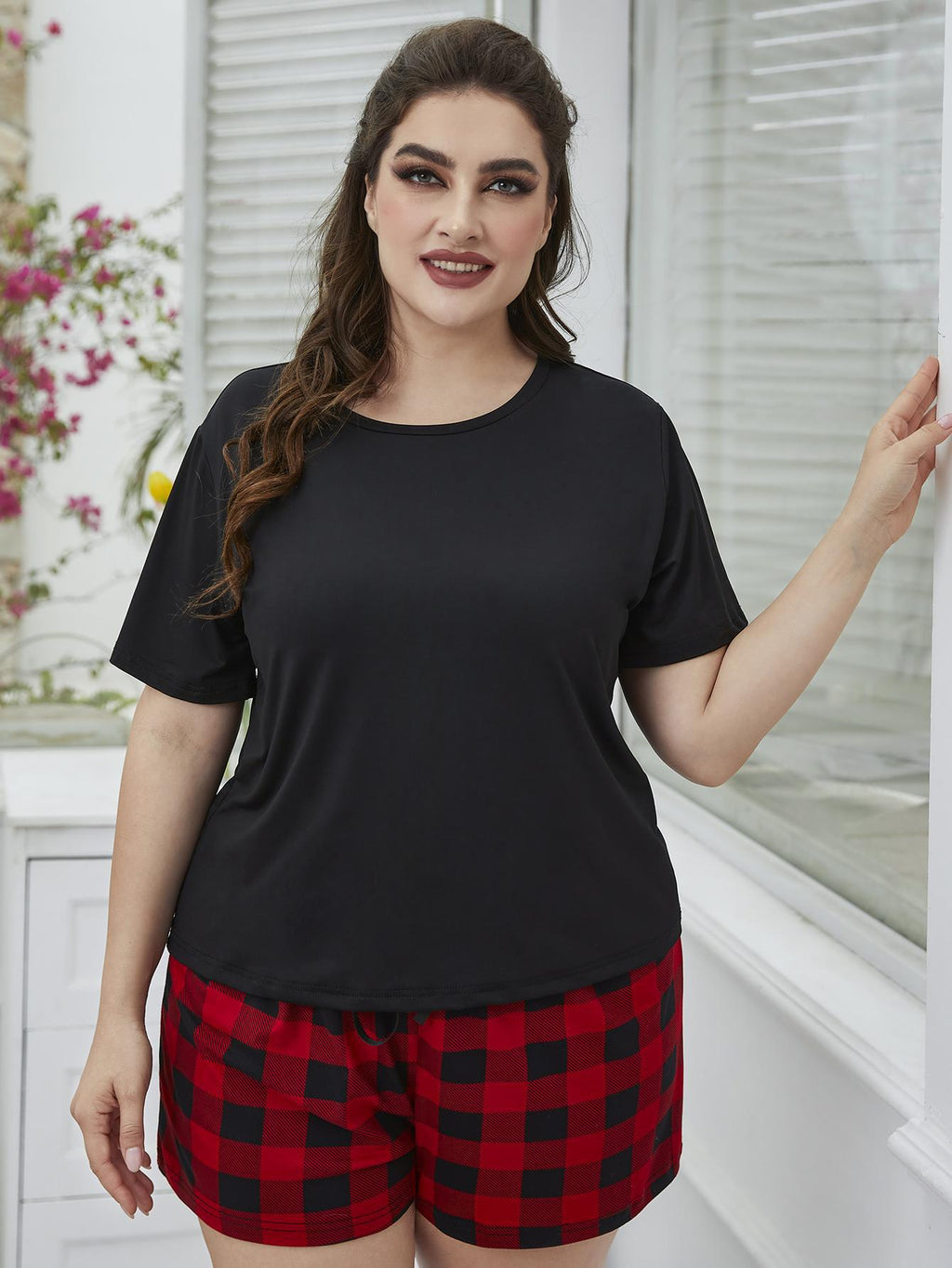 Plus Size Round Neck Tee Shirt and Plaid Shorts Lounge Set - Plus Size Shirts by Trendsi | Available at Handbags Specialist Headquarter