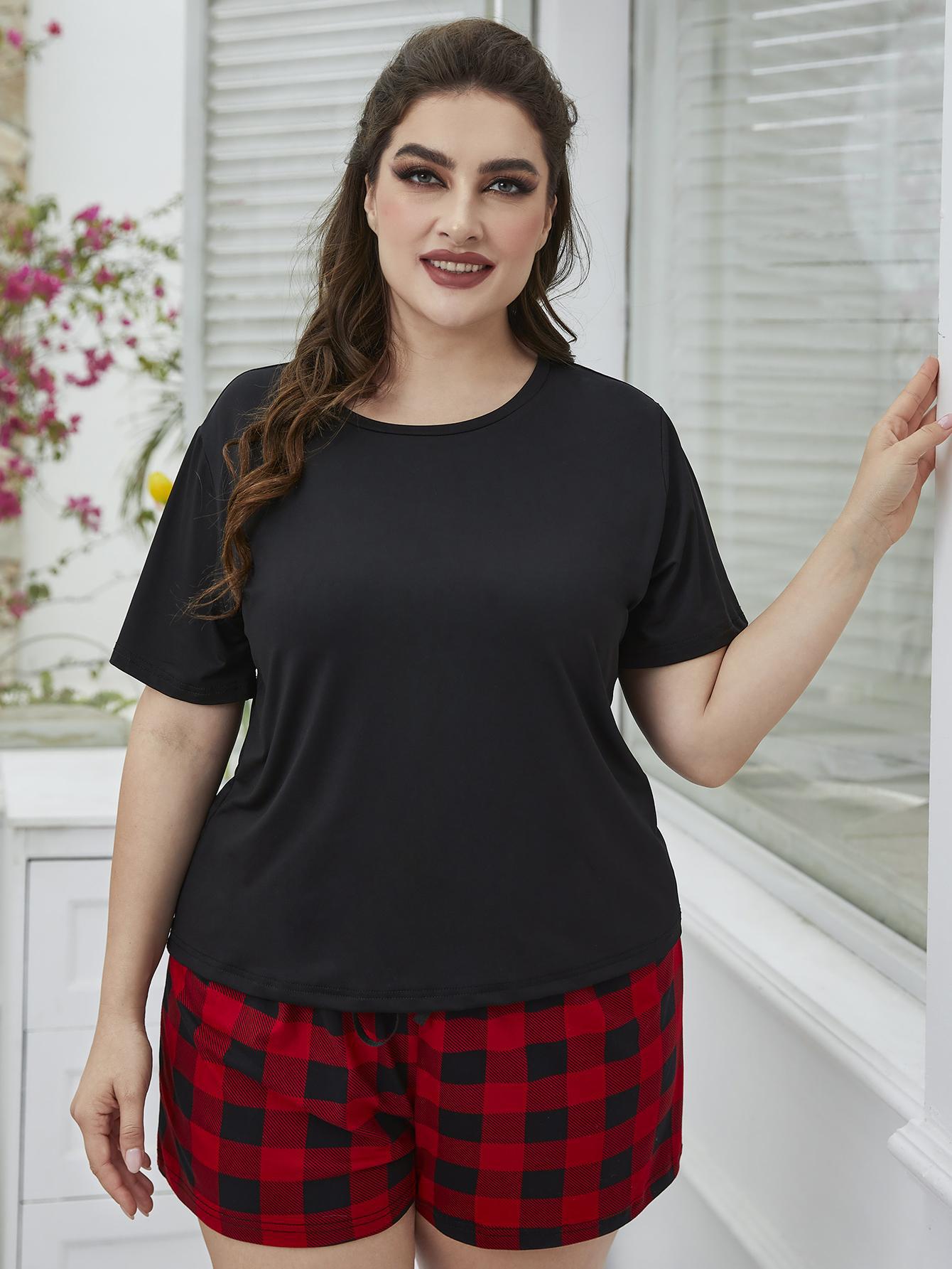 Plus Size Round Neck Tee Shirt and Plaid Shorts Lounge Set - Plus Size Shirts by Trendsi | Available at Handbags Specialist Headquarter