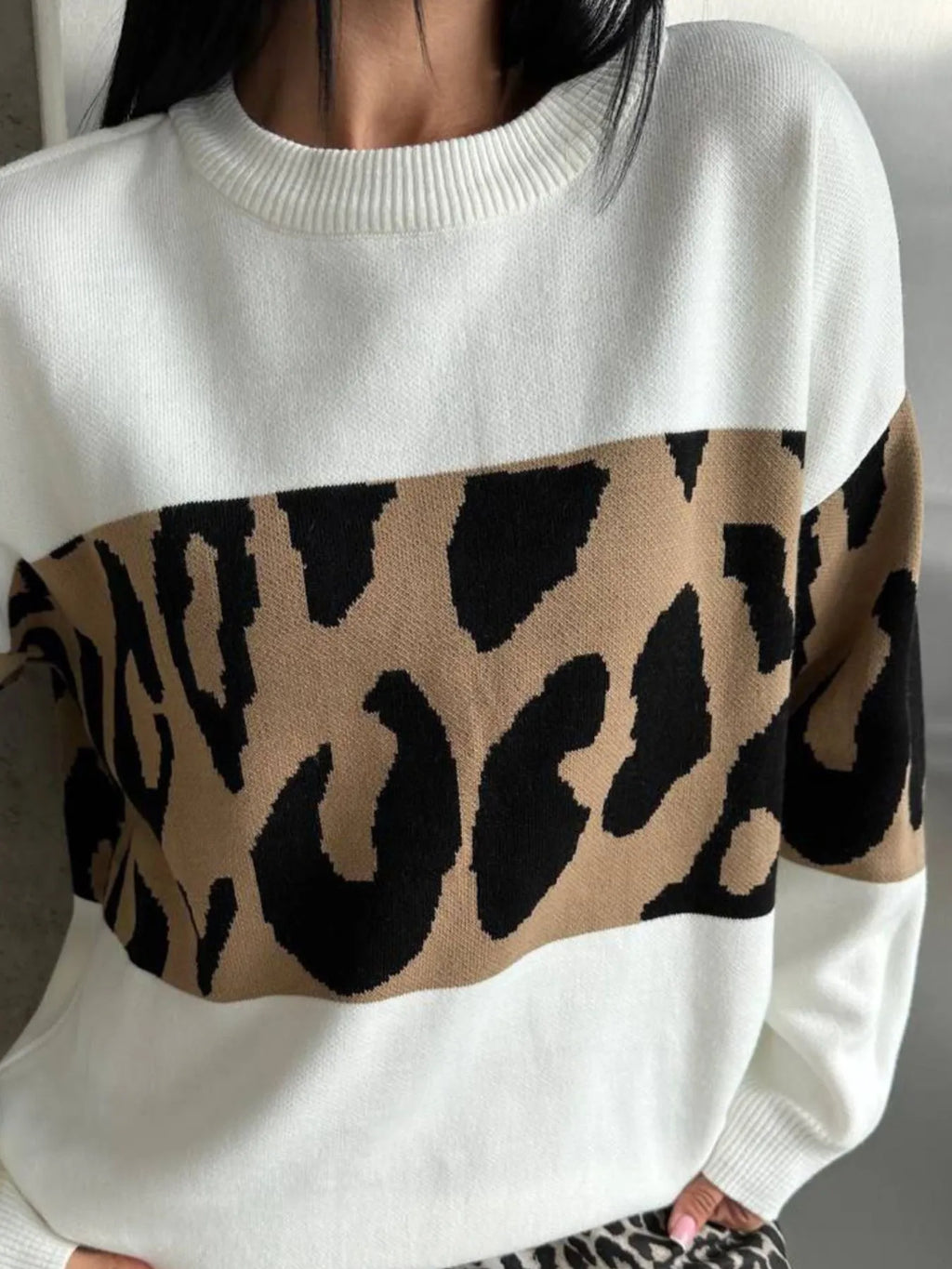 Leopard Color Block Round Neck Sweater - Tops by Trendsi | Available at Handbags Specialist Headquarter