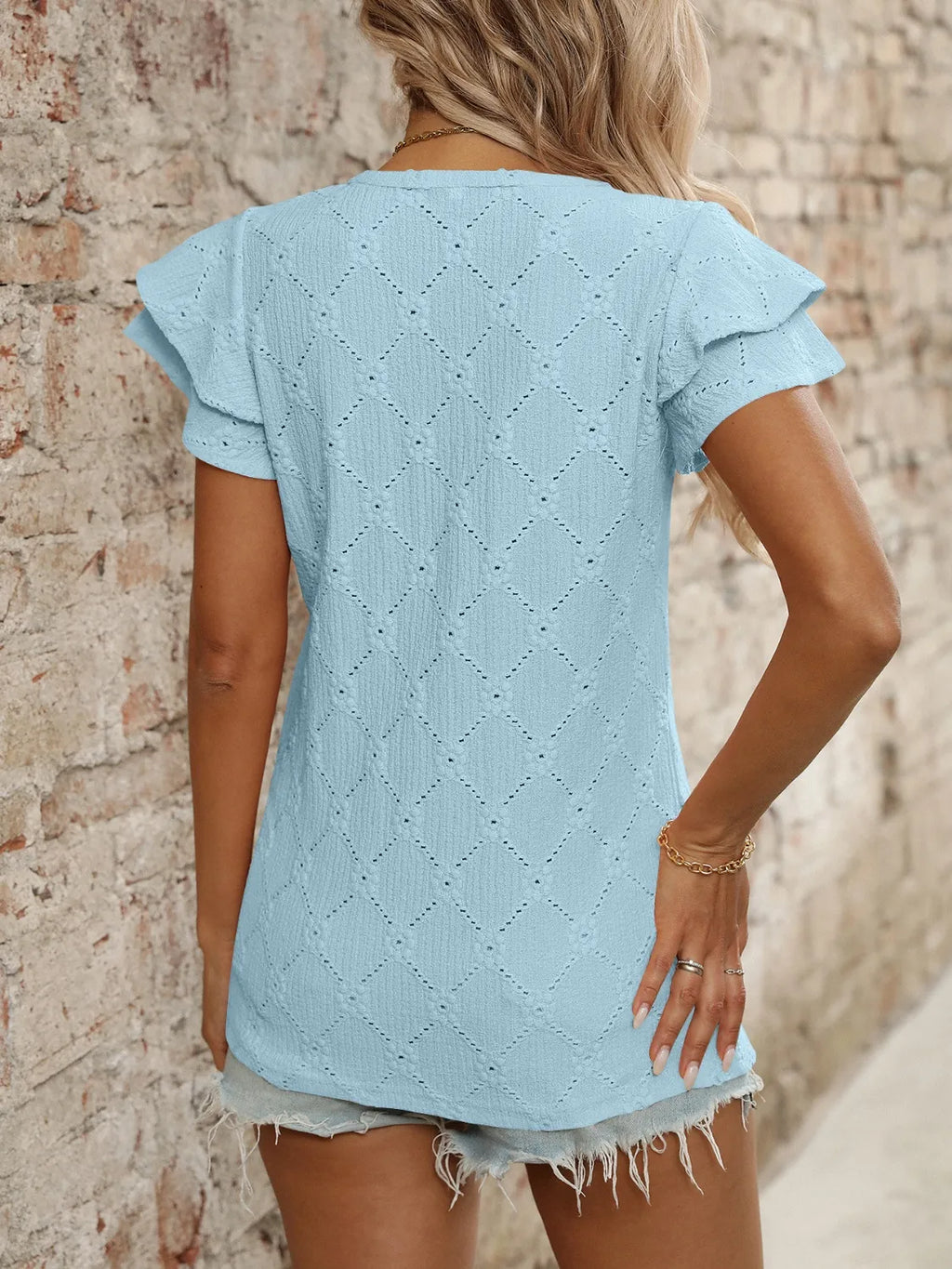 Eyelet V-Neck Ruffled Cap Sleeve Top - Tops by Trendsi | Available at Handbags Specialist Headquarter