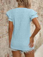 Eyelet V-Neck Ruffled Cap Sleeve Top - Tops by Trendsi | Available at Handbags Specialist Headquarter