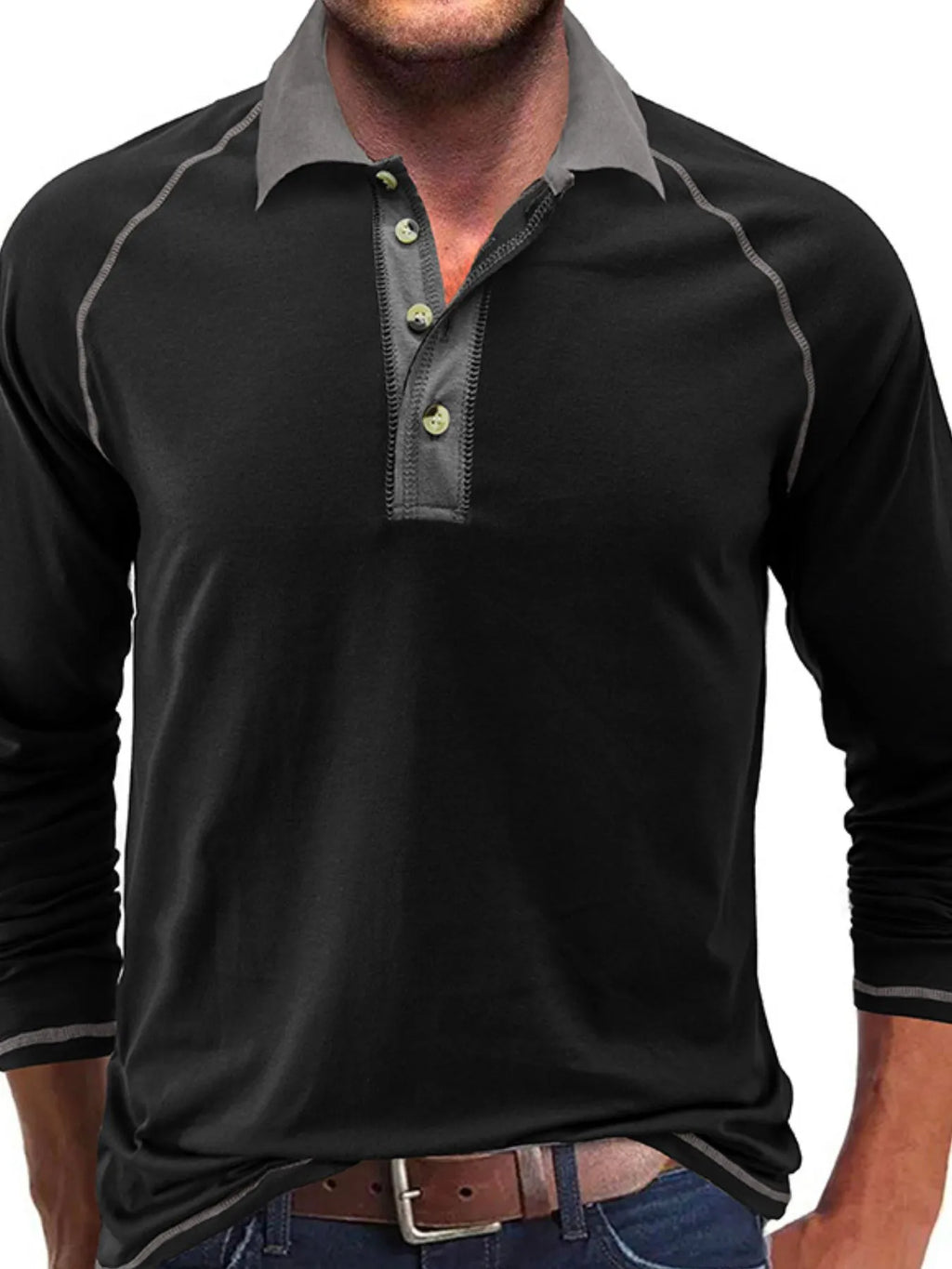 Men's Contrast Collar Long Sleeve Polo Shirt - Men's Polo shirt by Trendsi | Available at Handbags Specialist Headquarter