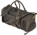 Brown leather duffel bag with brass buckles and zippers, featuring multiple pockets and handles.