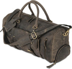Brown leather duffel bag with brass buckles and zippers, featuring multiple pockets and handles.