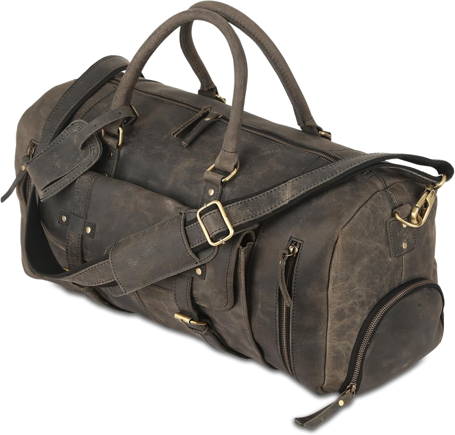 Brown leather duffel bag with brass buckles and zippers, featuring multiple pockets and handles.