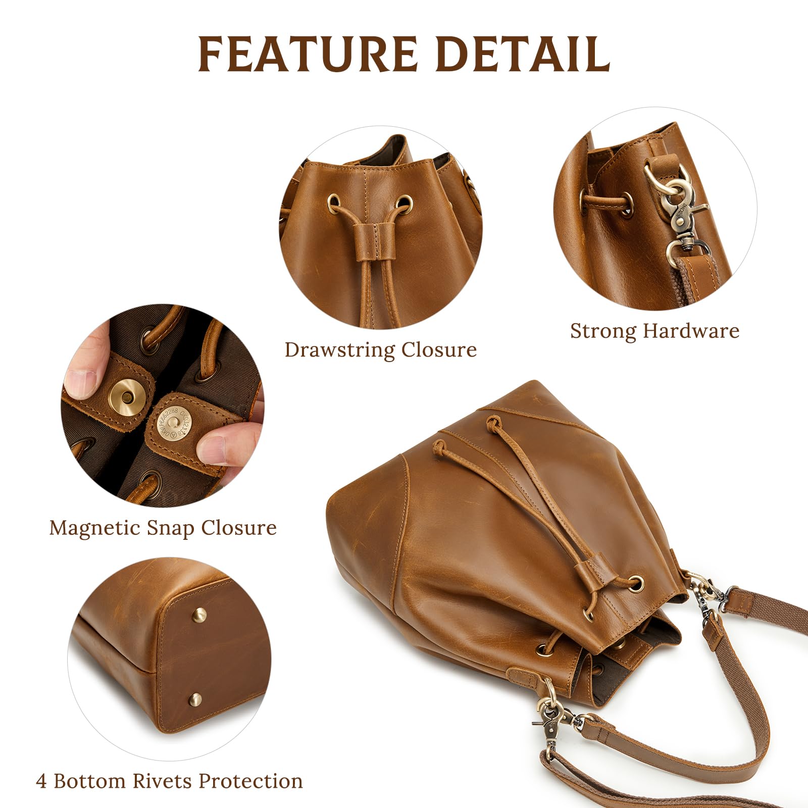 S-ZONE Luxe Leather Drawstring Bucket Bag -  by Handbags Specialist Headquarter | Available at Handbags Specialist Headquarter