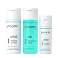 Three Proactiv bottles: white cleanser, teal toner, white repair, labeled 1, 2, and 3.