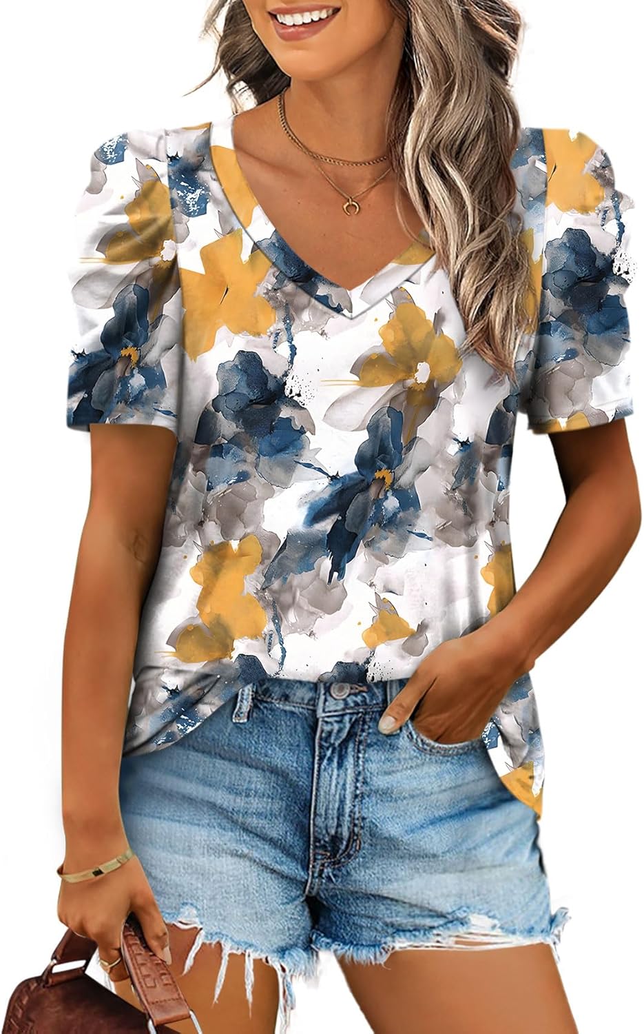 XIEERDUO Summer V-Neck Puff Sleeve Tee - All Sizes - Women's T Shirts by Handbags Specialist Headquarter | Available at Handbags Specialist Headquarter