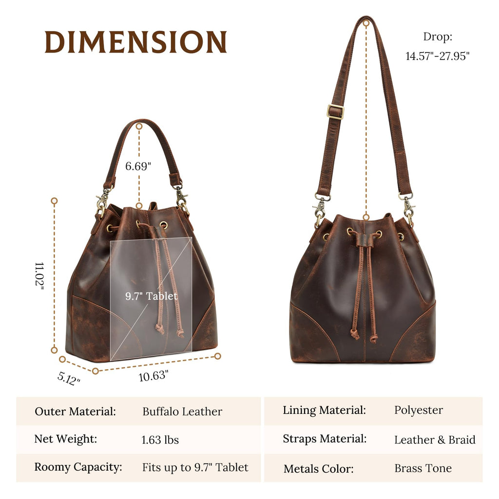 S-ZONE Luxe Leather Drawstring Bucket Bag -  by Handbags Specialist Headquarter | Available at Handbags Specialist Headquarter