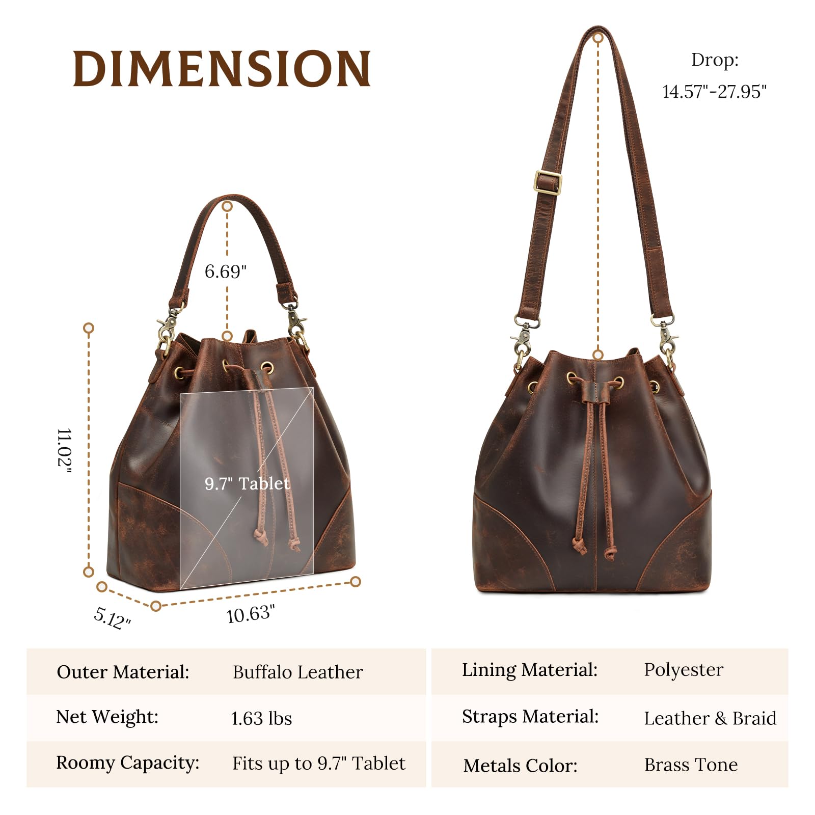 S-ZONE Luxe Leather Drawstring Bucket Bag -  by Handbags Specialist Headquarter | Available at Handbags Specialist Headquarter
