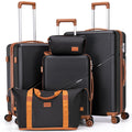 Black luggage set with brown handles, including three suitcases, a duffel, and a small pouch.