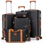 Black luggage set with brown handles, including three suitcases, a duffel, and a small pouch.