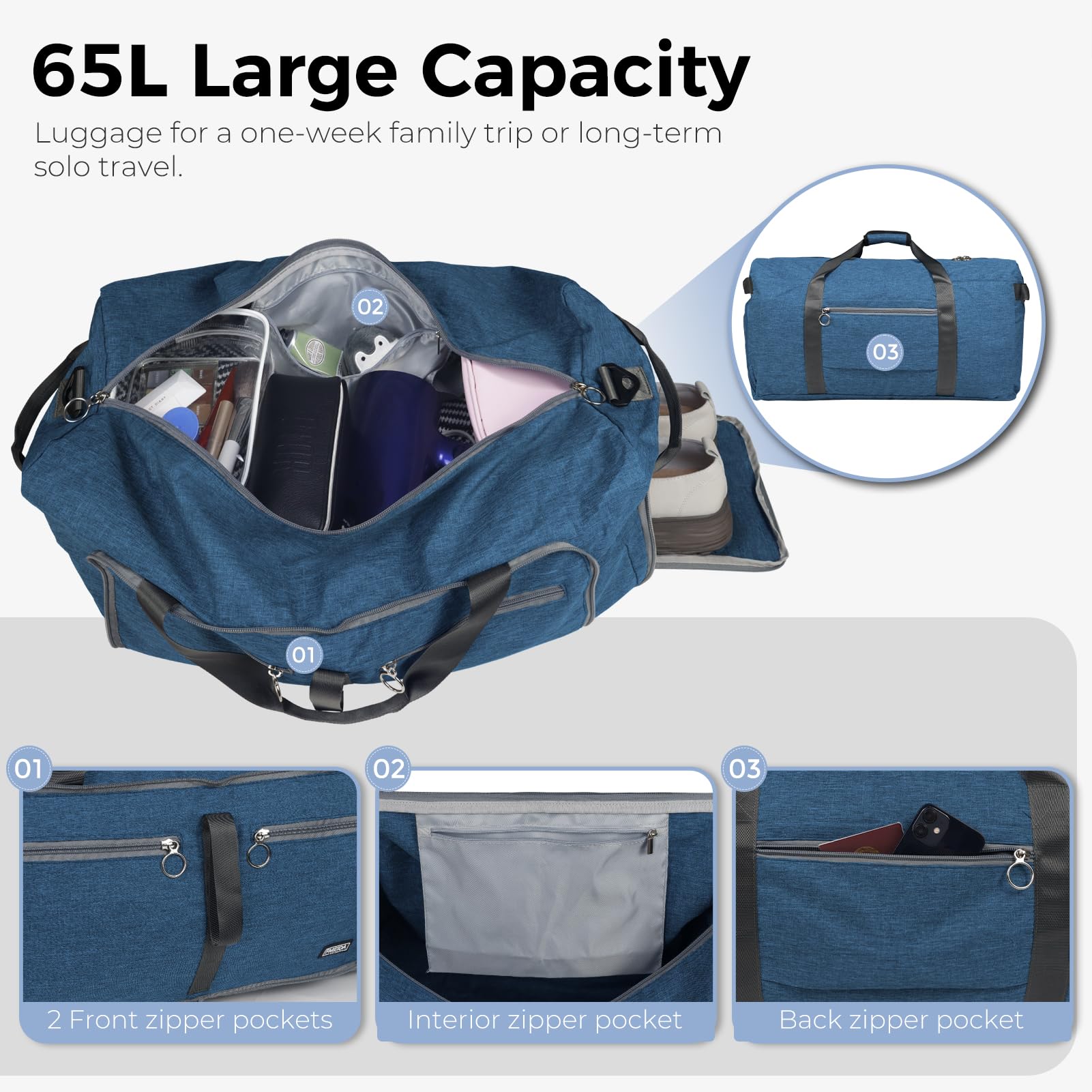 Foldable 65L Duffle Bag with Shoe Compartment