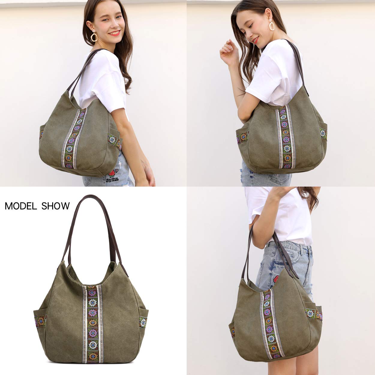 Worldlyda Women Canvas Embroidered Hobo Tote Bag