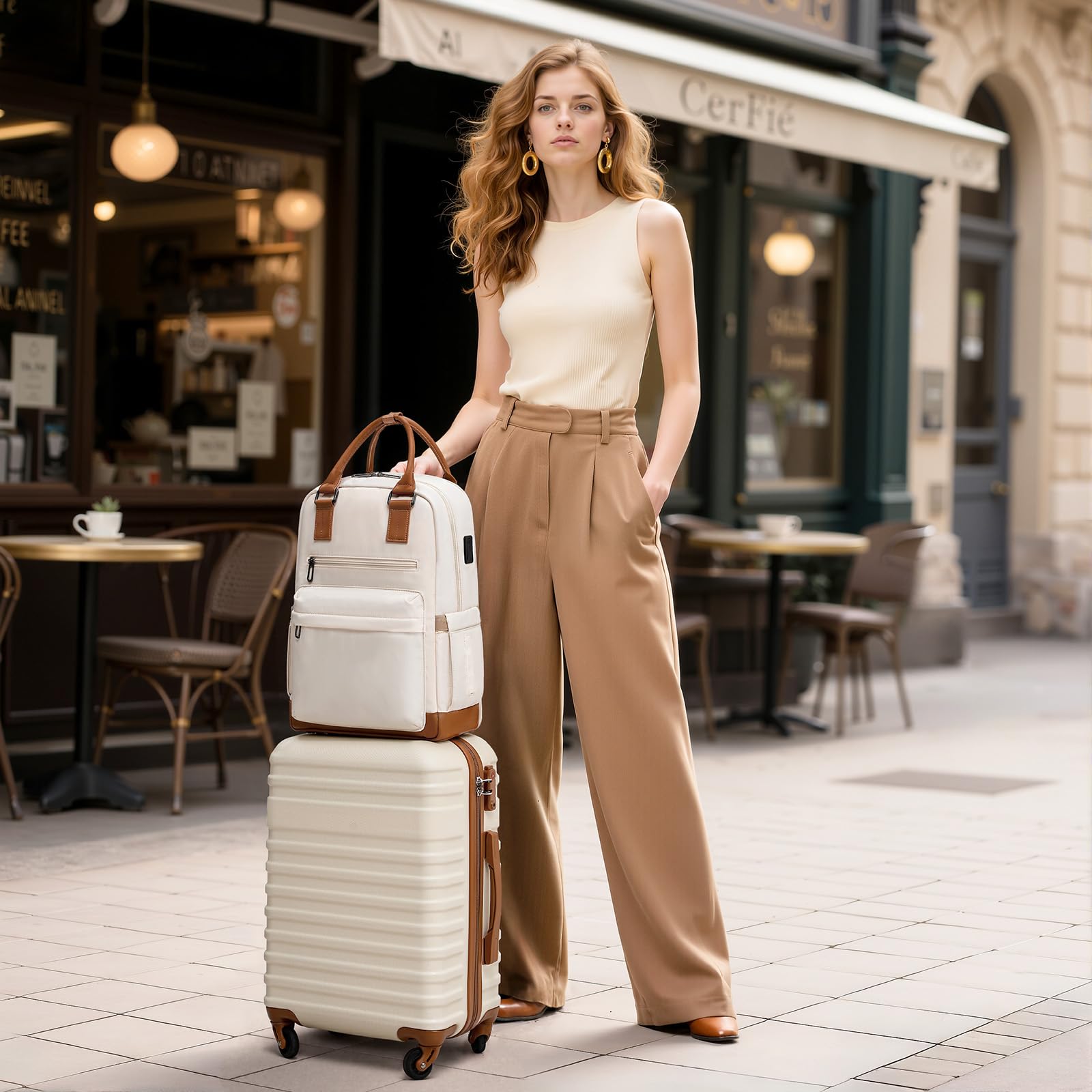 Coolife 3-Piece Hardside Luggage Set - Apricot White