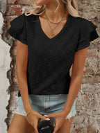 Eyelet V-Neck Ruffled Cap Sleeve Top - Tops by Trendsi | Available at Handbags Specialist Headquarter