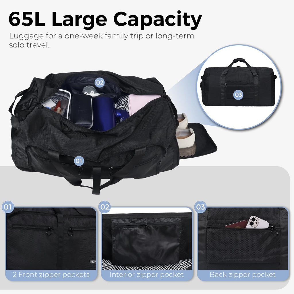 Foldable 65L Duffle Bag with Shoe Compartment
