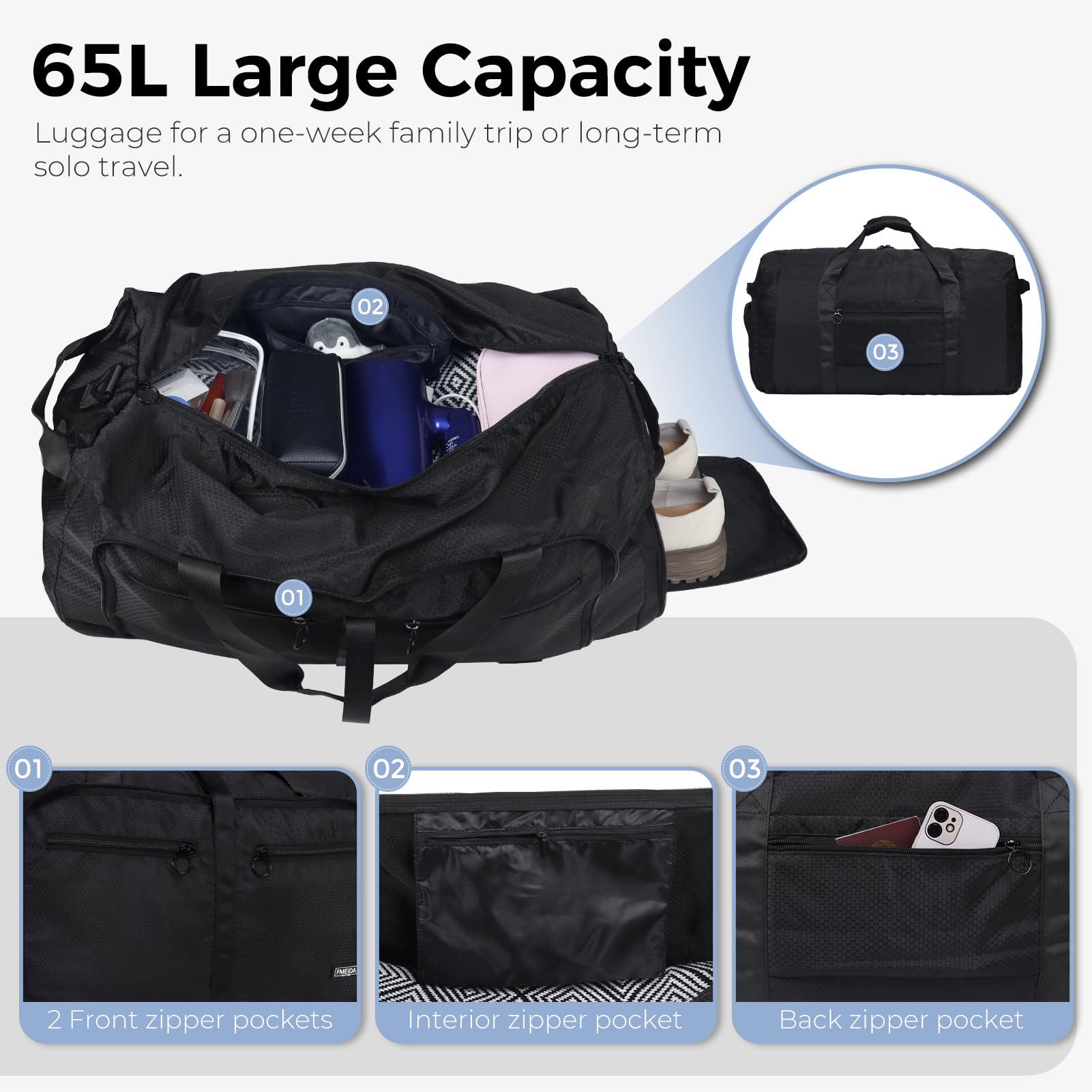 Foldable 65L Duffle Bag with Shoe Compartment