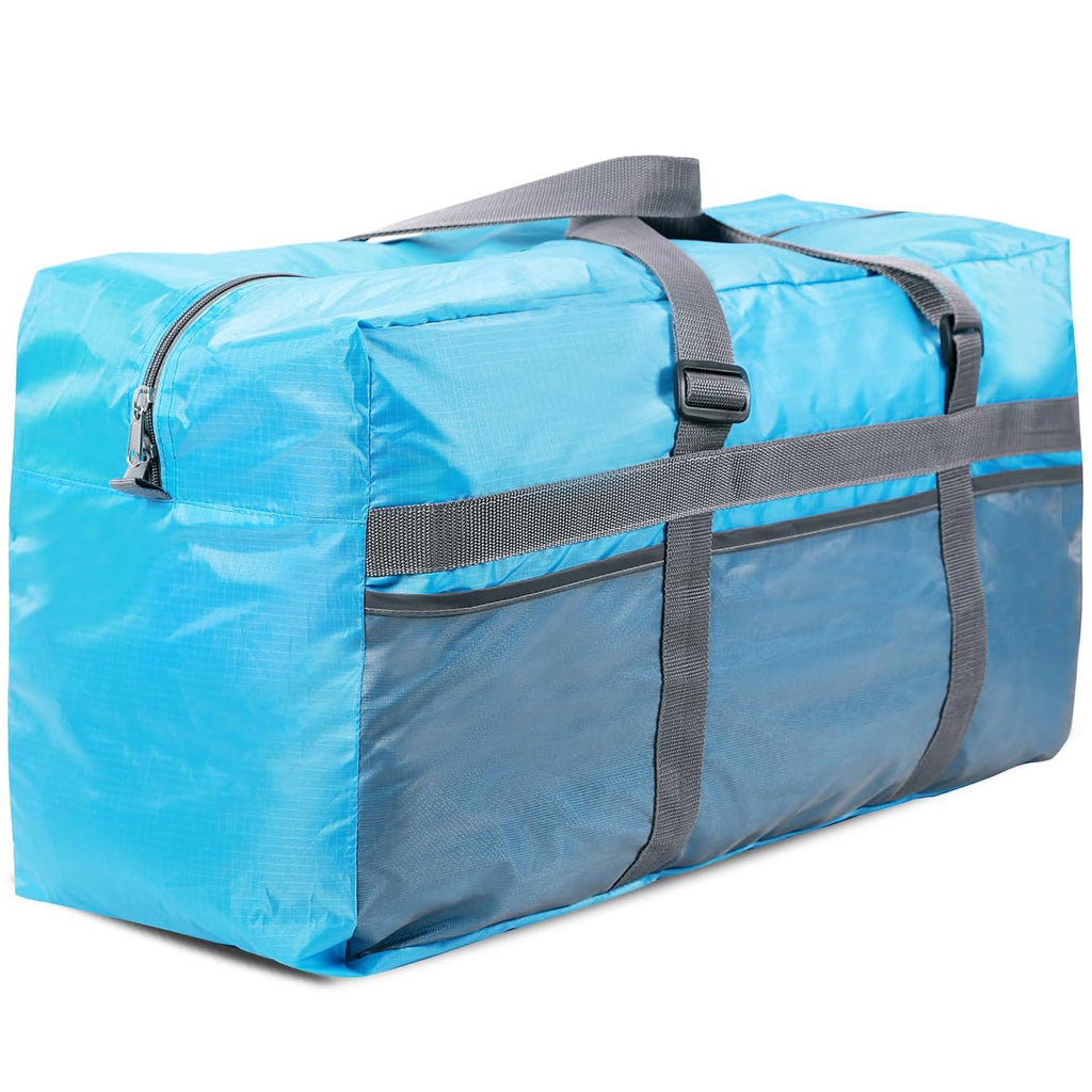Blue duffel bag with gray handles and straps, featuring a front pocket and a zipper closure.