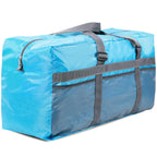Blue duffel bag with gray handles and straps, featuring a front pocket and a zipper closure.