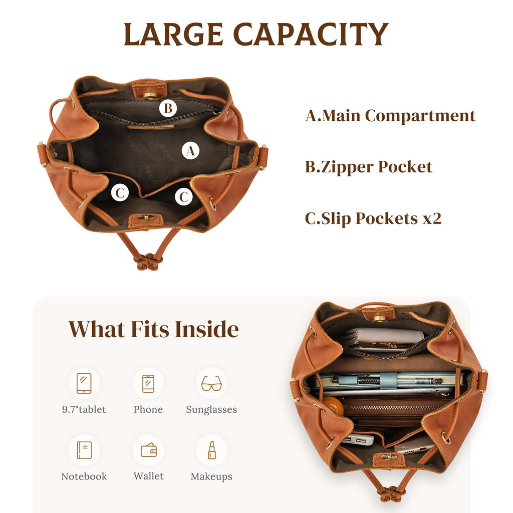 S-ZONE Luxe Leather Drawstring Bucket Bag -  by Handbags Specialist Headquarter | Available at Handbags Specialist Headquarter