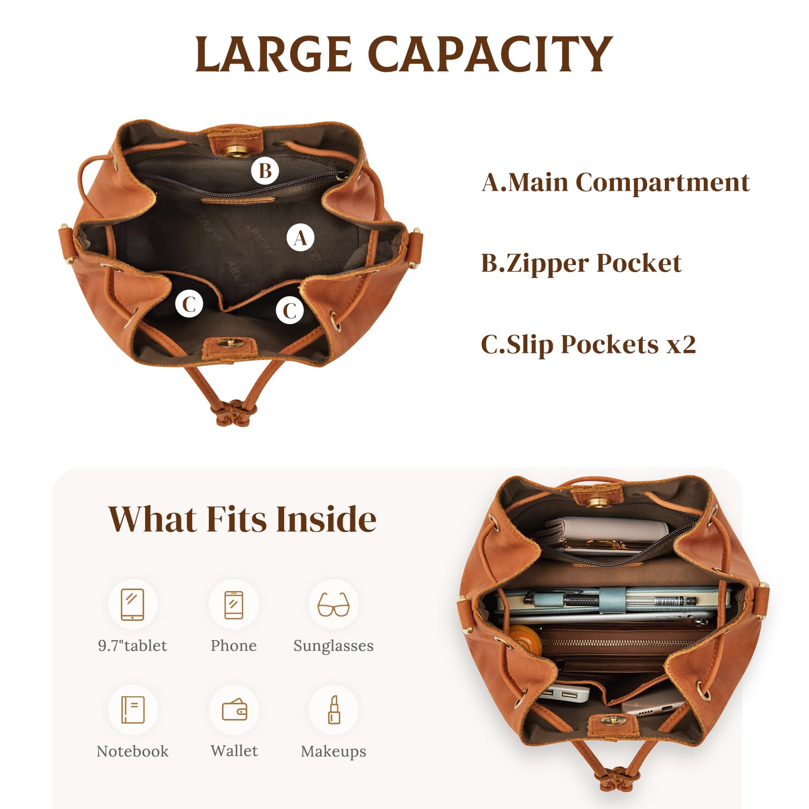 S-ZONE Luxe Leather Drawstring Bucket Bag -  by Handbags Specialist Headquarter | Available at Handbags Specialist Headquarter