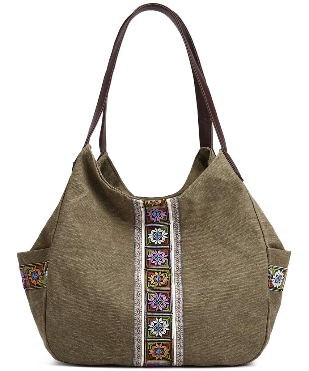 Worldlyda Women Canvas Embroidered Hobo Tote Bag