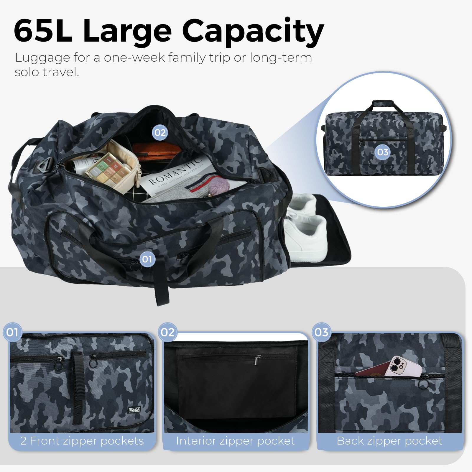 Foldable 65L Duffle Bag with Shoe Compartment