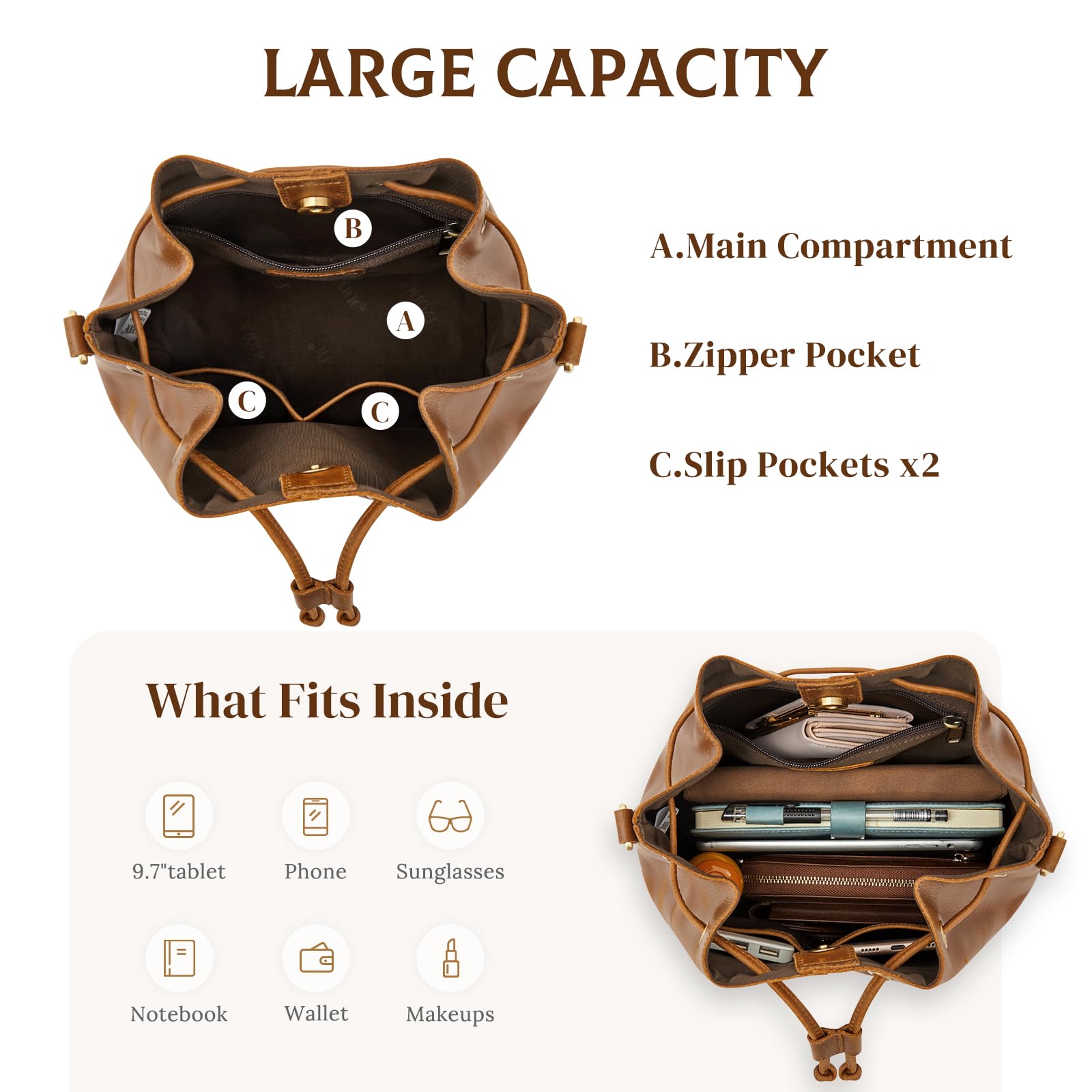 S-ZONE Luxe Leather Drawstring Bucket Bag -  by Handbags Specialist Headquarter | Available at Handbags Specialist Headquarter