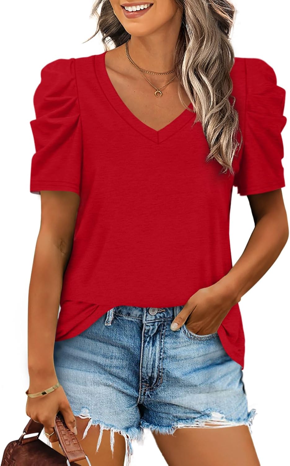 XIEERDUO Summer V-Neck Puff Sleeve Tee - All Sizes - Women's T Shirts by Handbags Specialist Headquarter | Available at Handbags Specialist Headquarter