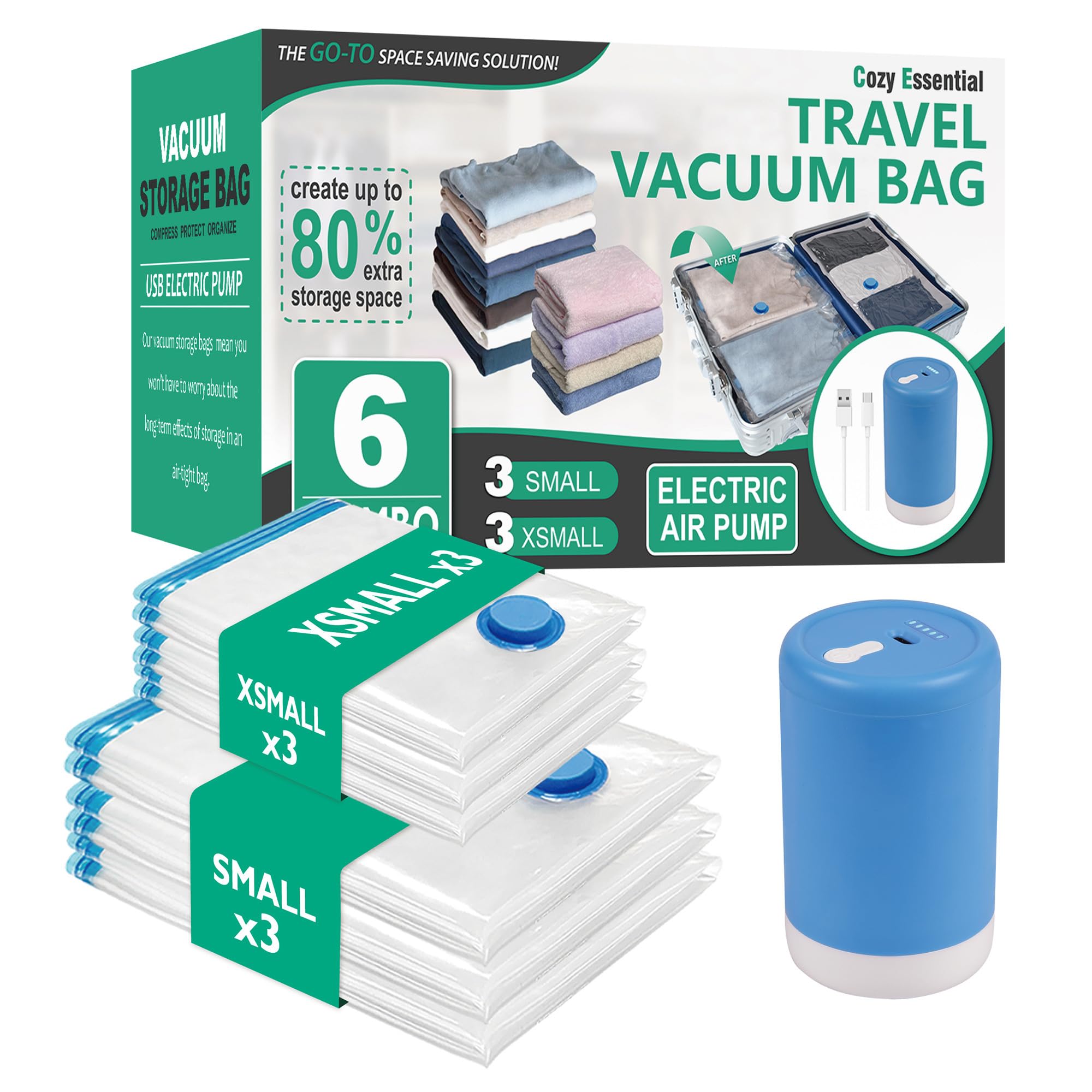 CozyVac Travel Bags with Pump - 6 Pack Space Savers -  by Handbags Specialist Headquarter | Available at Handbags Specialist Headquarter