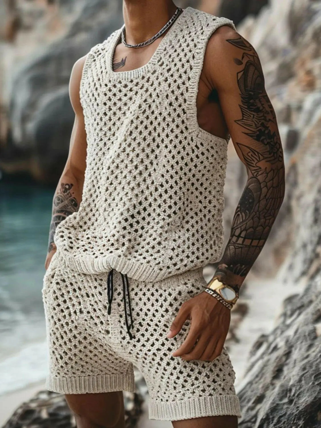 Men's Plus Size Hollow Out Round Neck Tank and Shorts Set - Men's Sets by Trendsi | Available at Handbags Specialist Headquarter
