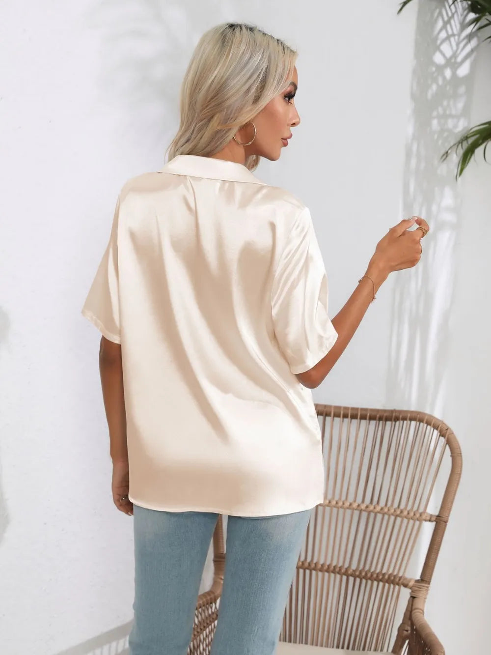 Button Down Short Sleeve Shirt - Women's Down Shirt Tops by Trendsi | Available at Handbags Specialist Headquarter