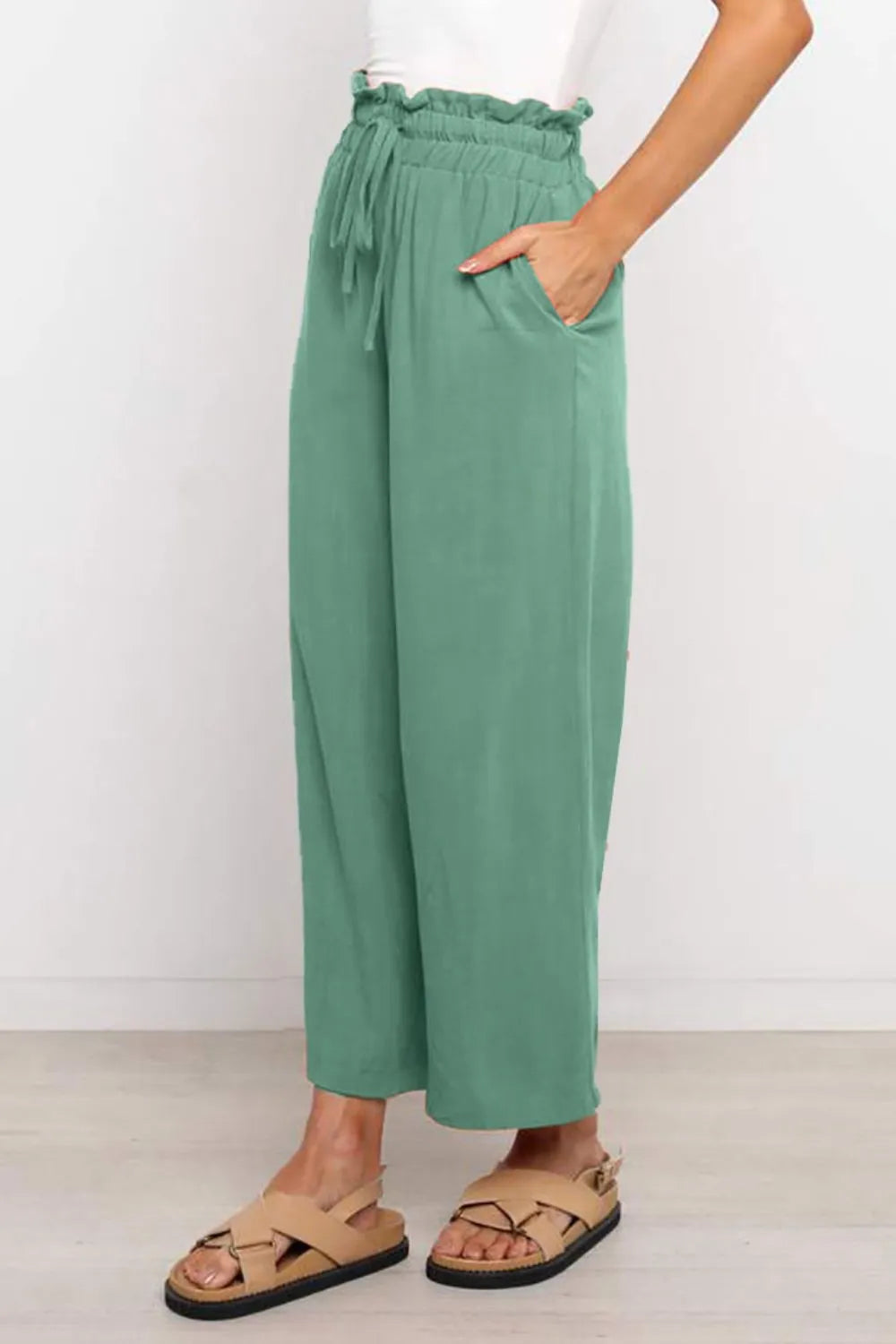 Drawstring Paperbag Waist Wide Leg Pants - Women Pants by Trendsi | Available at Handbags Specialist Headquarter