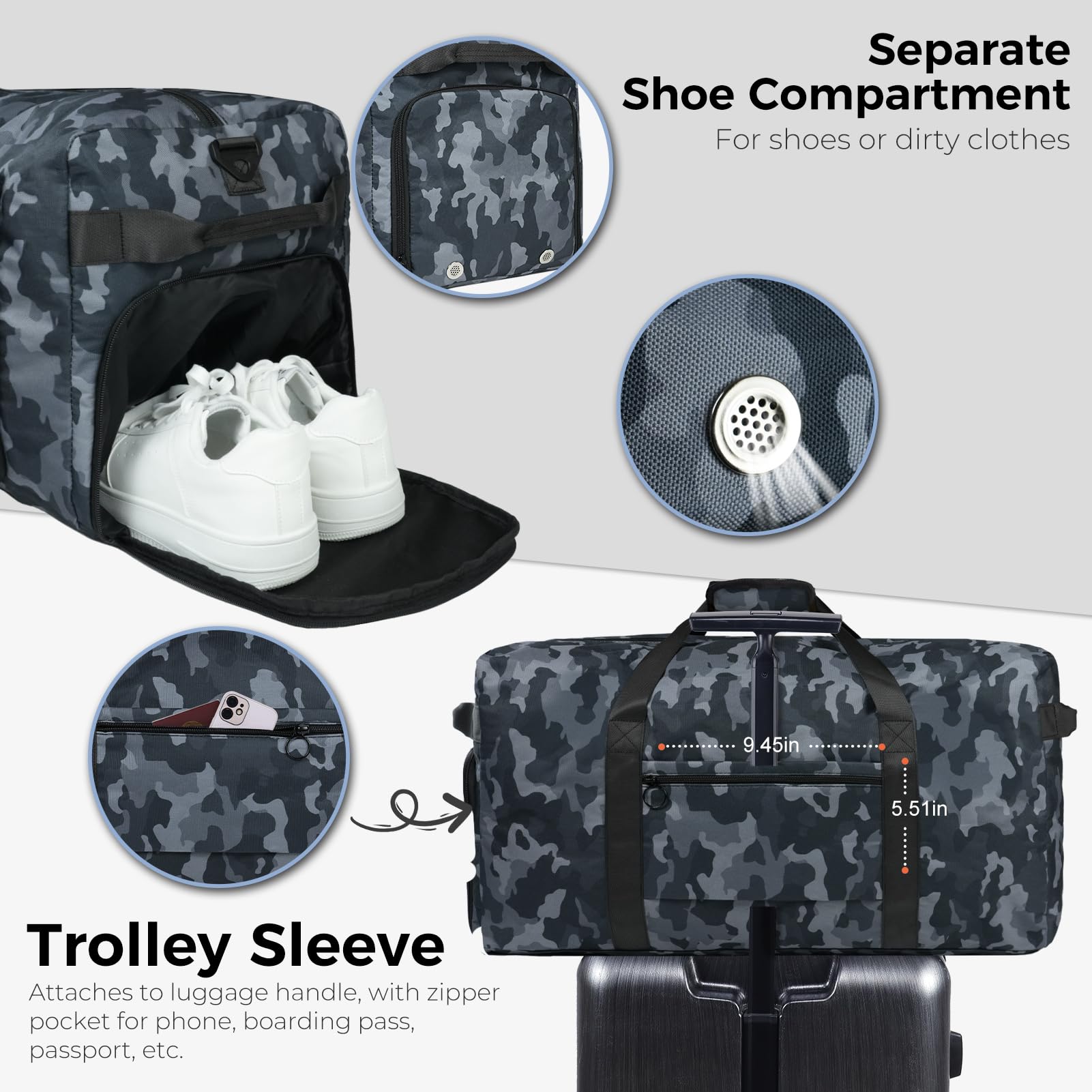 Foldable 65L Duffle Bag with Shoe Compartment