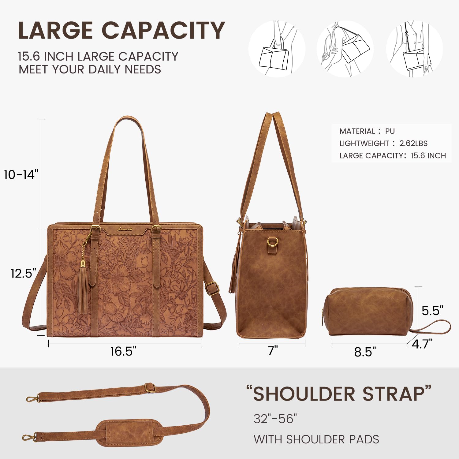 LOVEVOOK Vintage Leather Laptop Tote for Women 15.6
