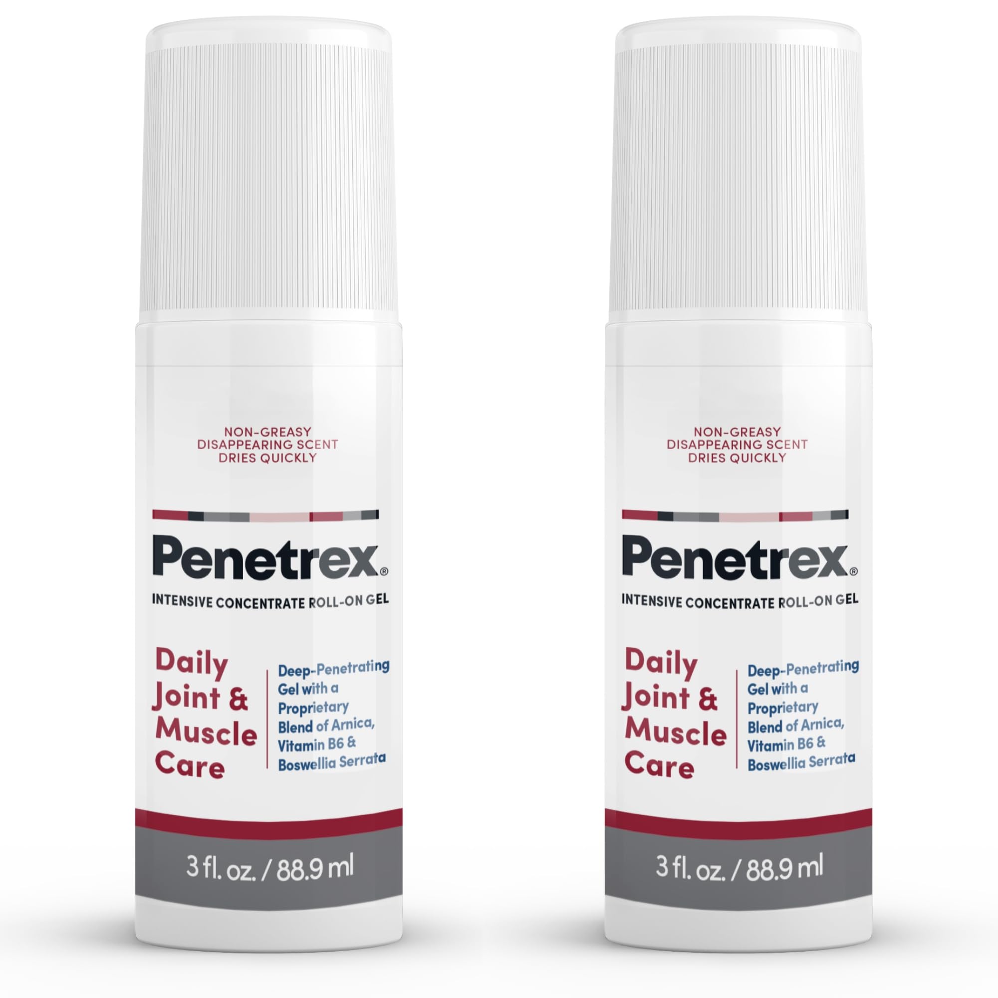 Two 3 fl oz white Penetrex Daily Joint & Muscle Care cream roll-on bottles with blue and red text. - Penetrex Cream Duo Pack - 2oz & 4oz Jars - 4 Ounce (Pack of 1) - Handbags Specialist Headquarter